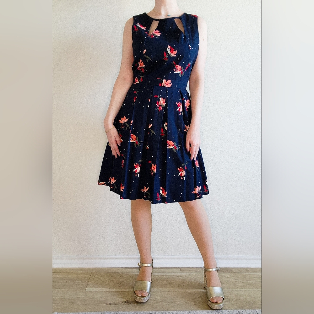 Apricot, Navy Floral Midi Cocktail Dress, Size L